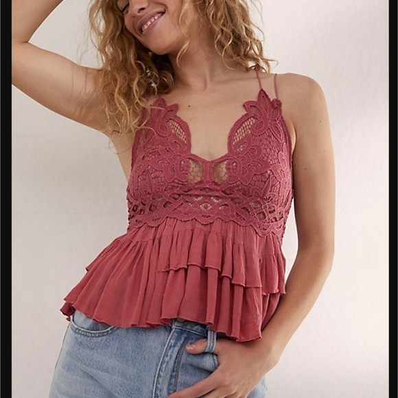 Free People Adella Cami Sweet Red Lace Ruffled Tank Top L - Picture 1 of 3